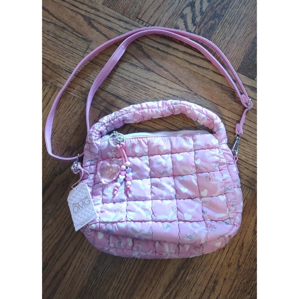 Miss Gwen's OMG Accessories Pink Quilted Puffer Bag Crossbody Heart Charm NWT